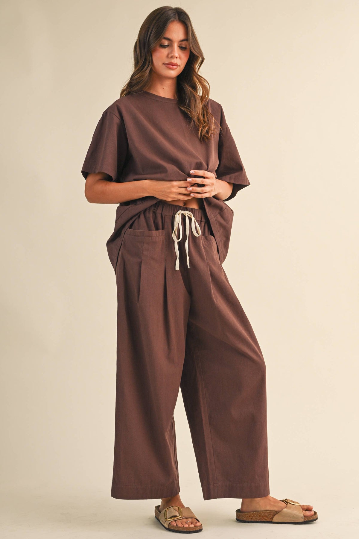 IST6073 RELAXED FIT TOP AND WIDE LEG CROPPED PANTS SET