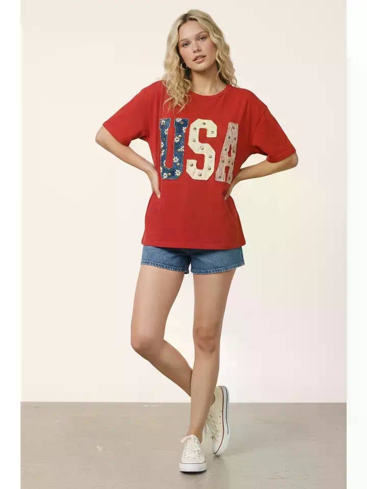 Mixed-Media Studded USA Graphic Tee