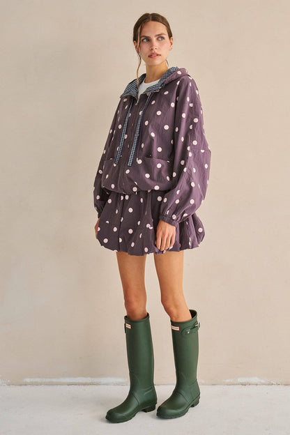 POLKA DOT DRAWSTRING HOODED JACKET