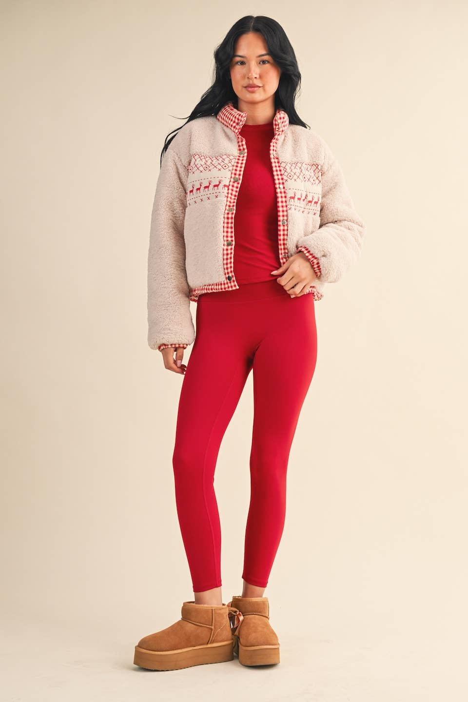 Cozy Sherpa Jacket with Gingham Lining and Holiday Trim