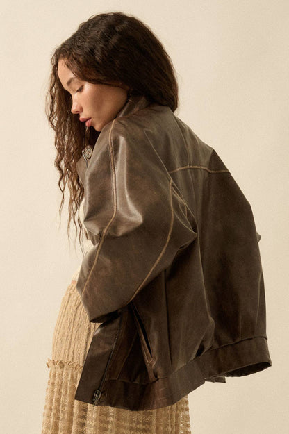 Faux Leather Piping-Trimmed Zip-Up Jacket
