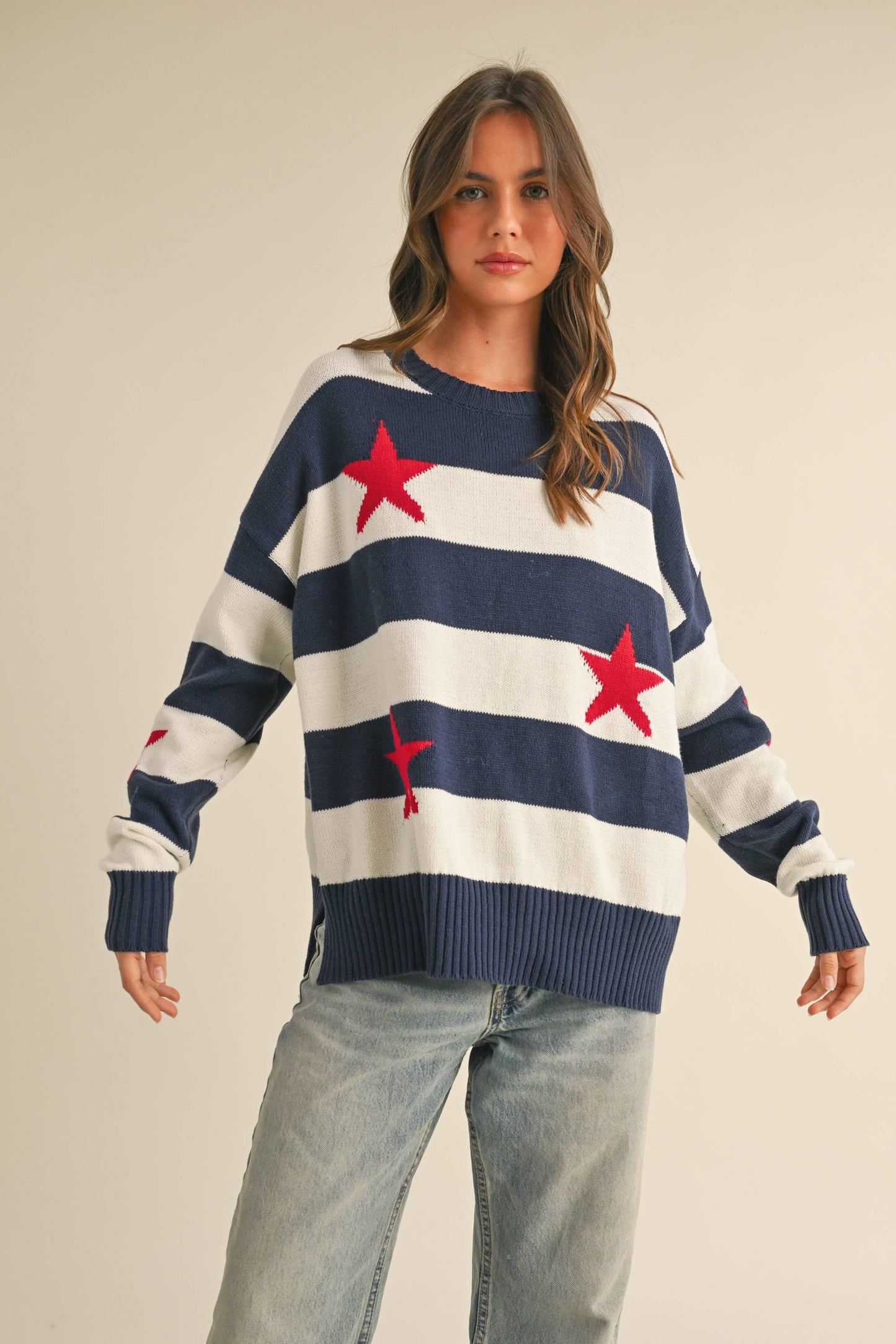 IT4047 STRIPED STARS SWEATER KNIT TOP