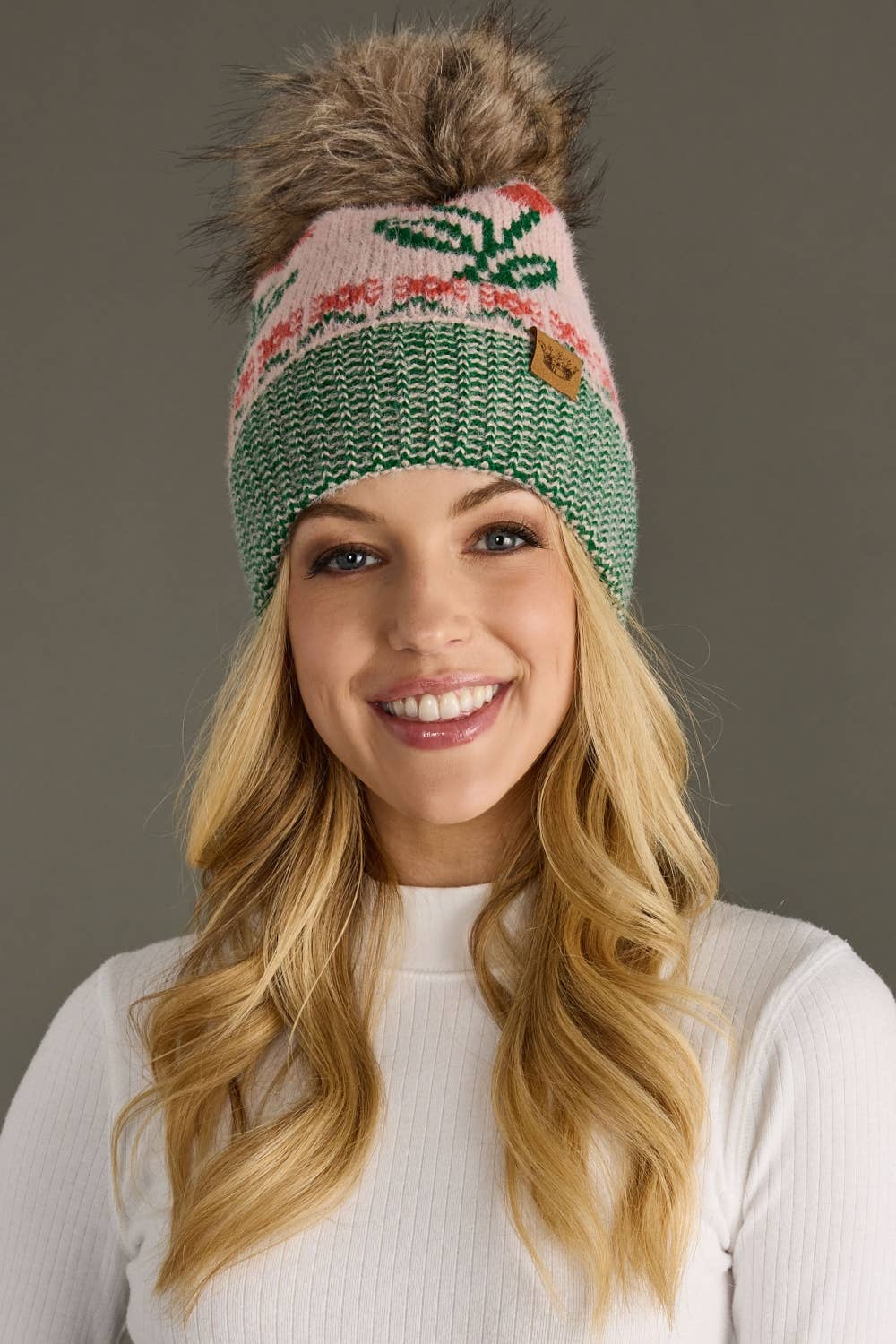 Lt. Pink Cherry Pattern Pom Hat