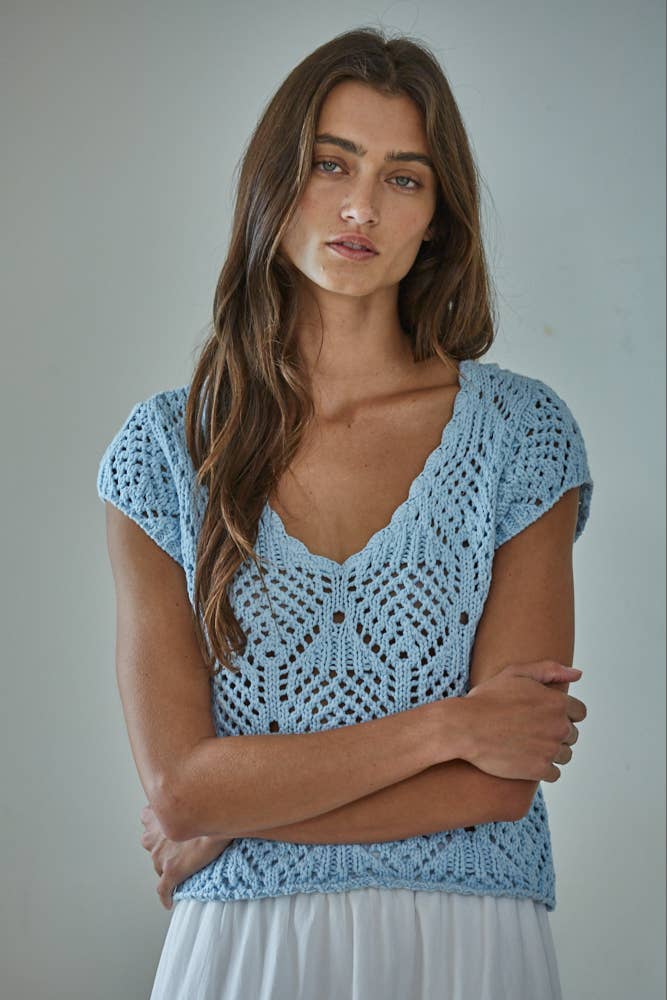 W2030 | Knit Sweater Cotton Crochet V-Neck Cap Sleeve Top