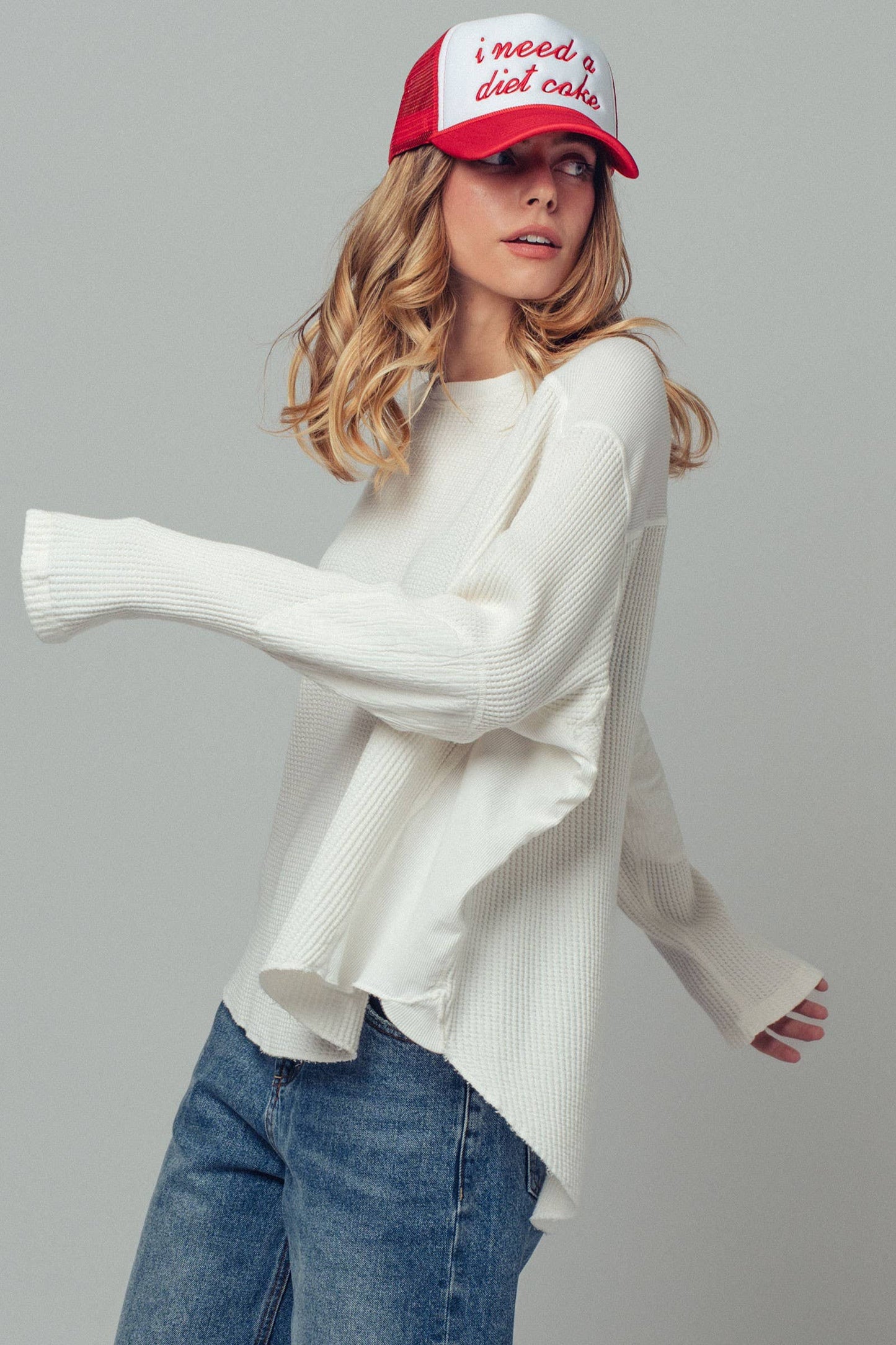 Oversized Waffle Knit High-Low Tunic Top