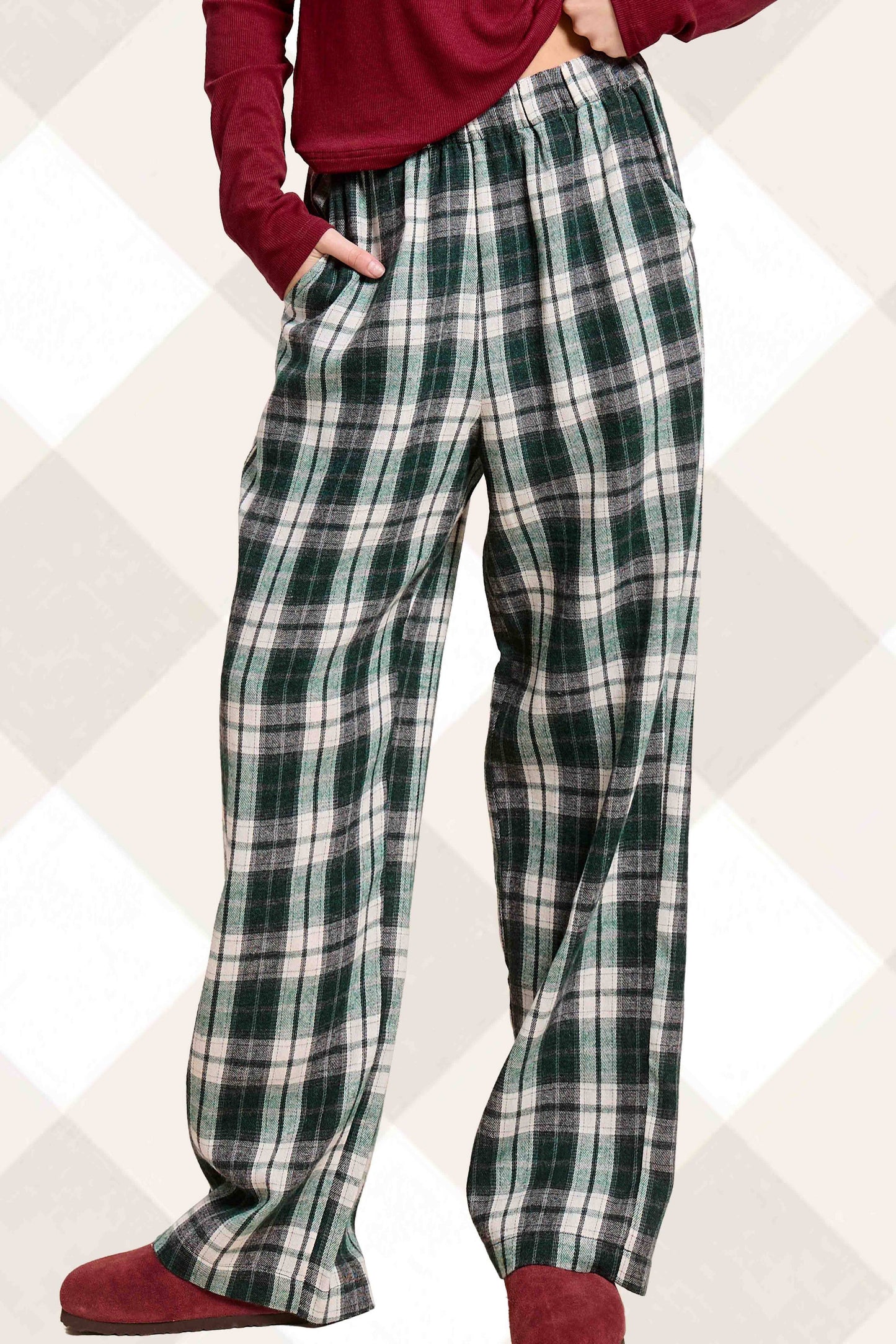 JDP4236-Plaid Flannel Wide-Leg Lounge Checkered Pants