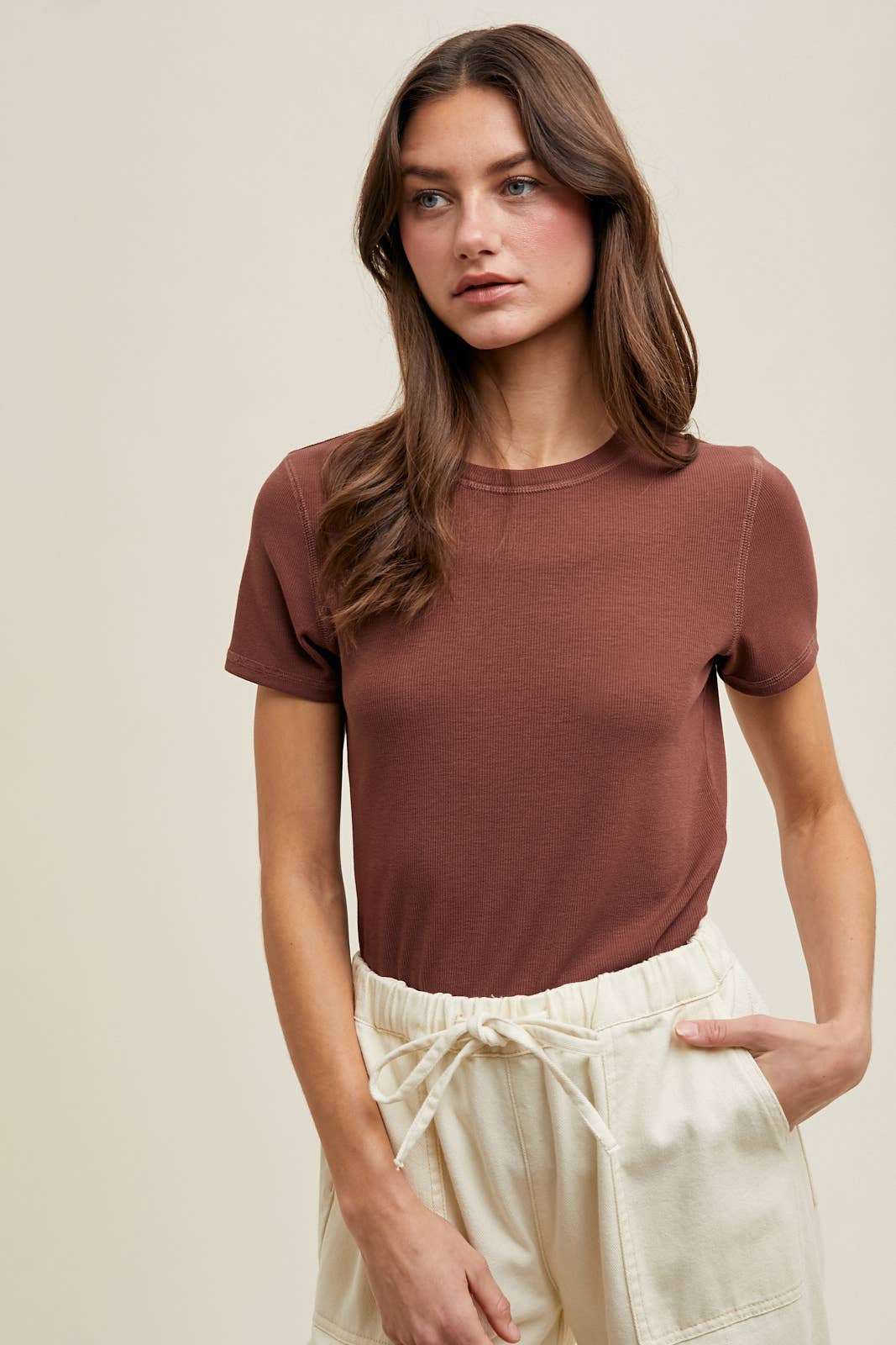 RIBBED KNIT BASIC T-SHIRT / WL18-1714