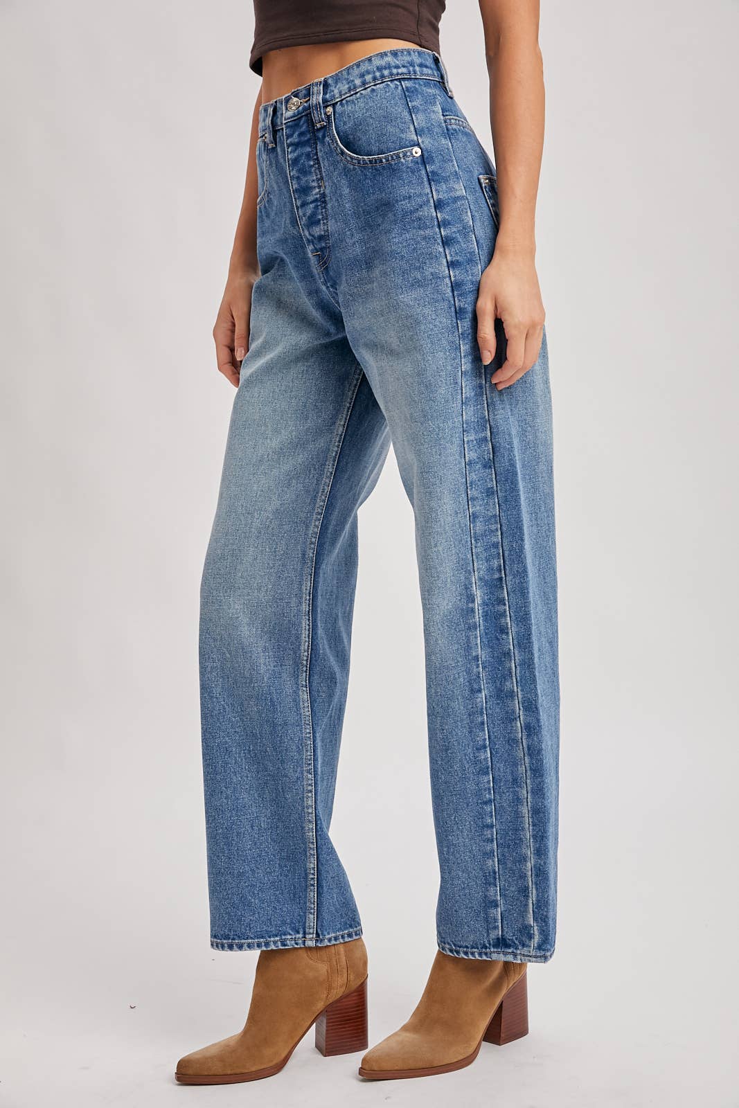 MEDIUM WASH DENIM HIGH-RISE STRAIGHT LEG PANTS JEANS