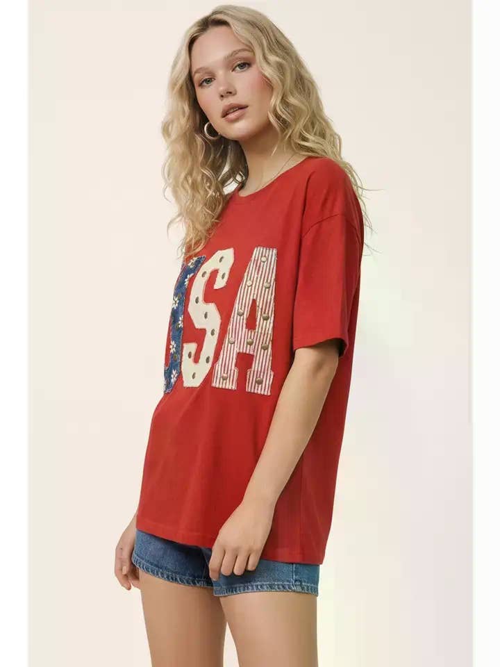 Mixed-Media Studded USA Graphic Tee