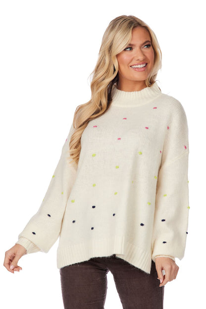 WHITE NOVIE POM-POM SWEATER
