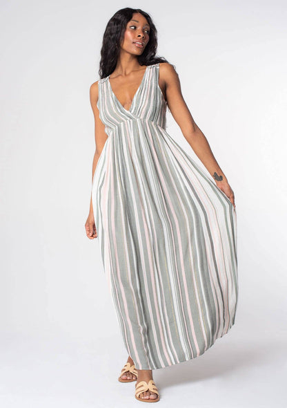 Striped Sleeveless V Neck Maxi Dress