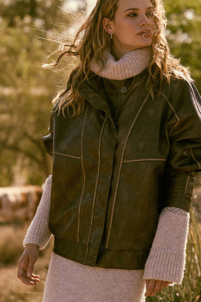 Faux Leather Piping-Trimmed Zip-Up Jacket