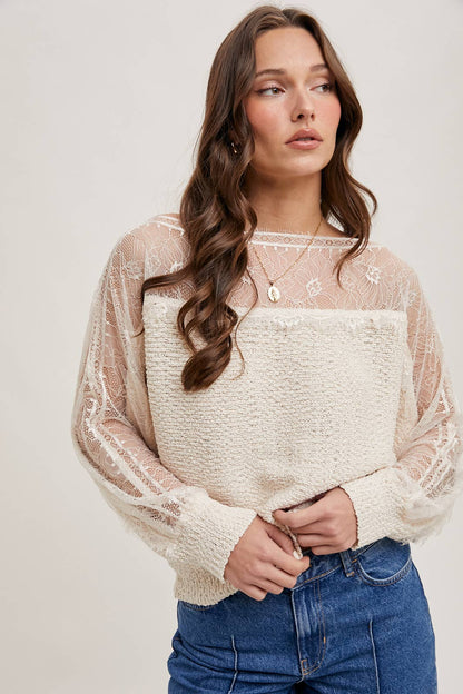 BOAT NECK LACE TRIMMED KNIT SWEATER PULLOVER