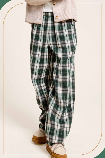 JDP4236-Plaid Flannel Wide-Leg Lounge Checkered Pants