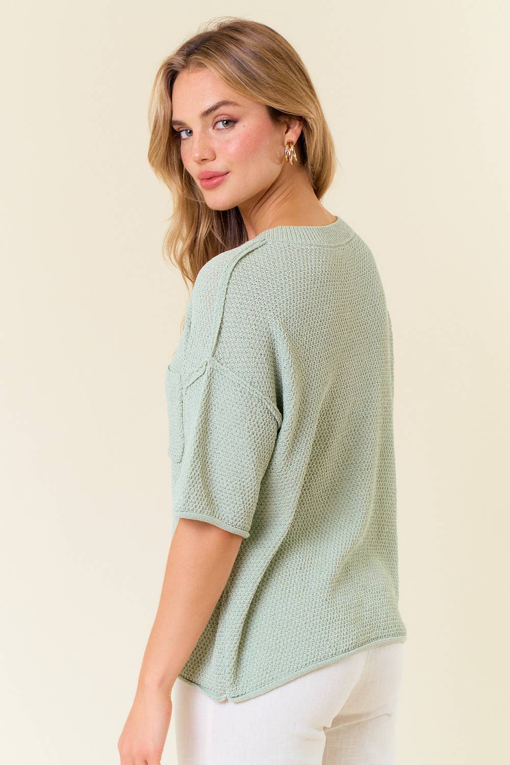 V-Neck Dropped Short Sleeve Exposed Seam Sweater - 44339T