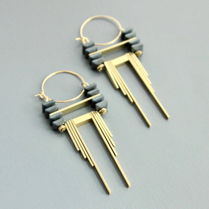 CHRE54 ArtDeco hematite and brass hoop earrings