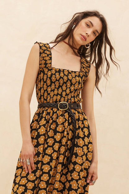 Floral-Print Fit-and-Flare Smocked Midi Dress