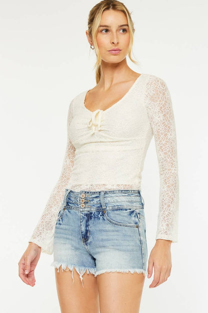 HIGH WAIST TRIPLE WAISTBAND DENIM SHORTS-KC6325M-N