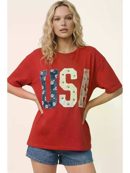 Mixed-Media Studded USA Graphic Tee