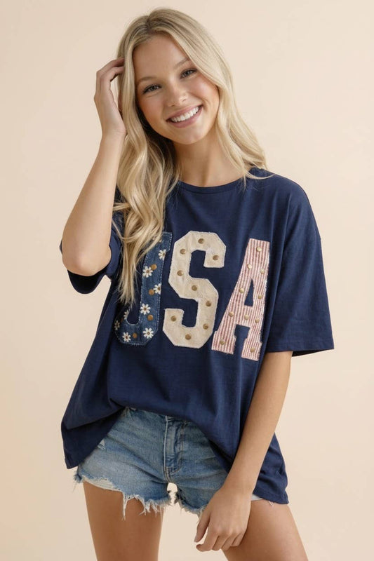 Mixed-Media Studded USA Graphic Tee