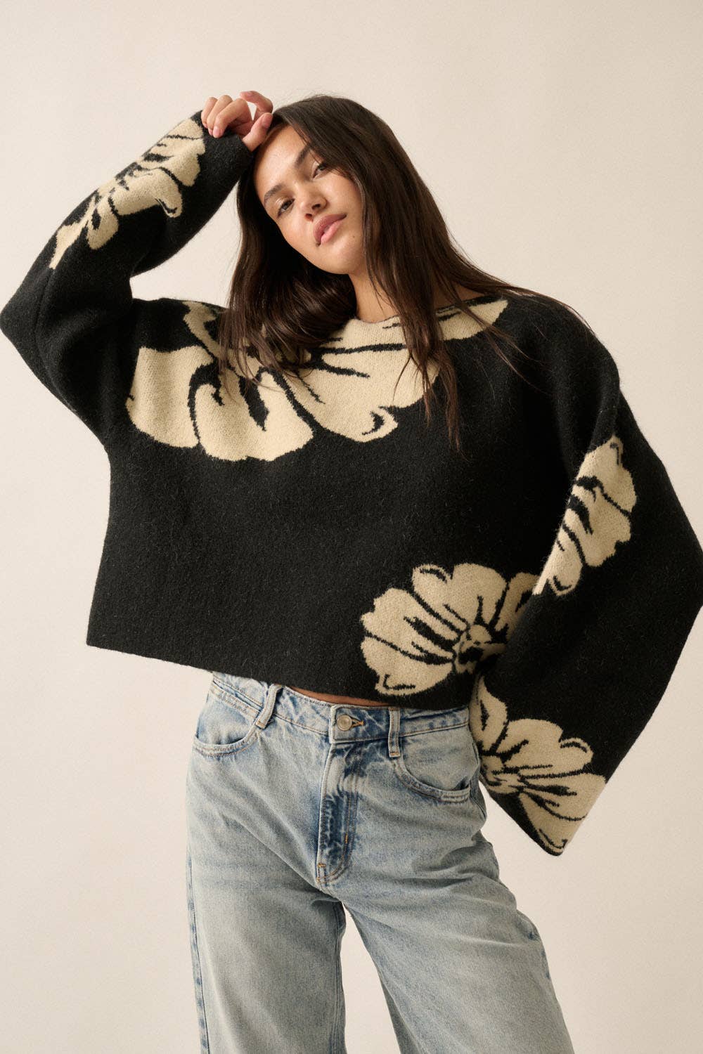 Solid Contrasting Floral Sweater