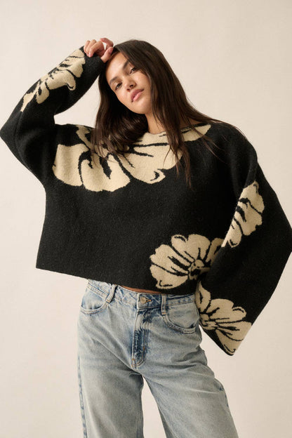 Solid Contrasting Floral Sweater