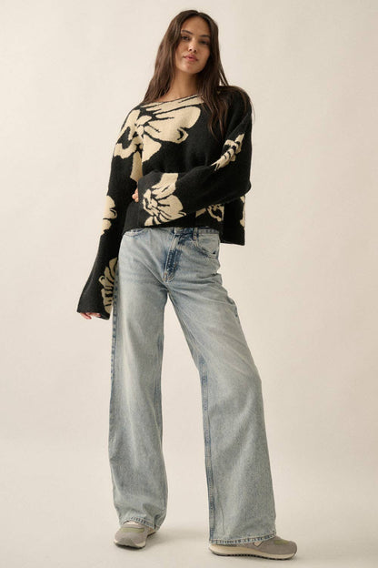Solid Contrasting Floral Sweater