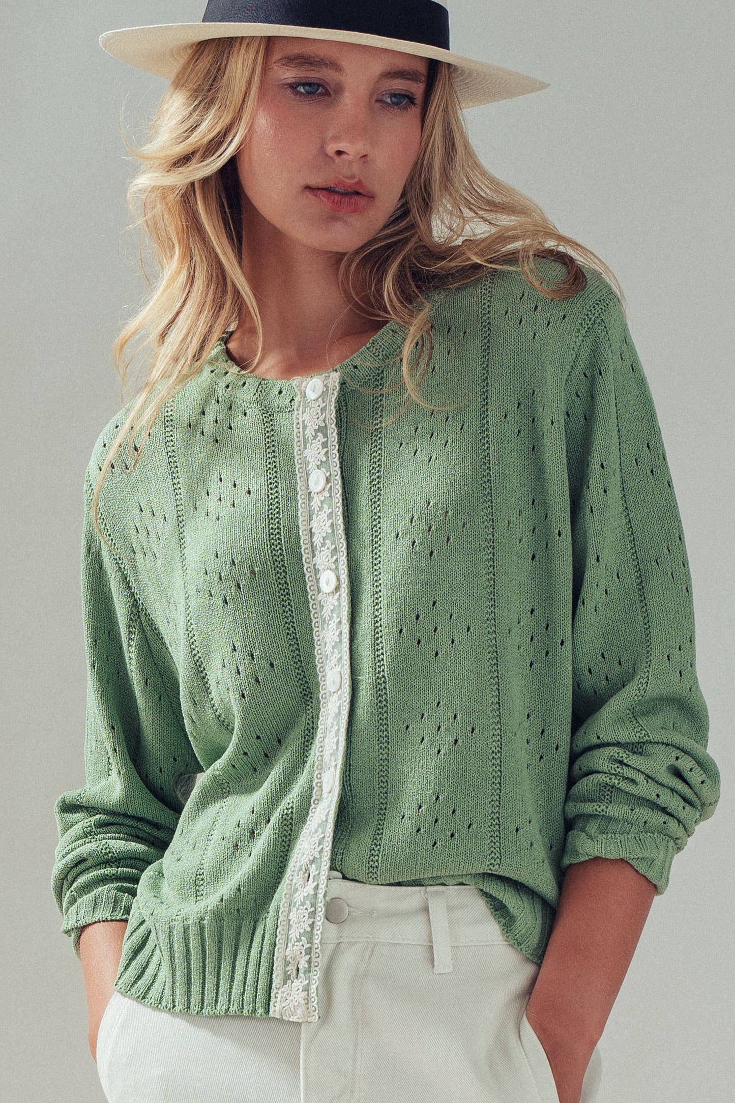 Pointelle Knit Cardigan Lace Trim Button Down