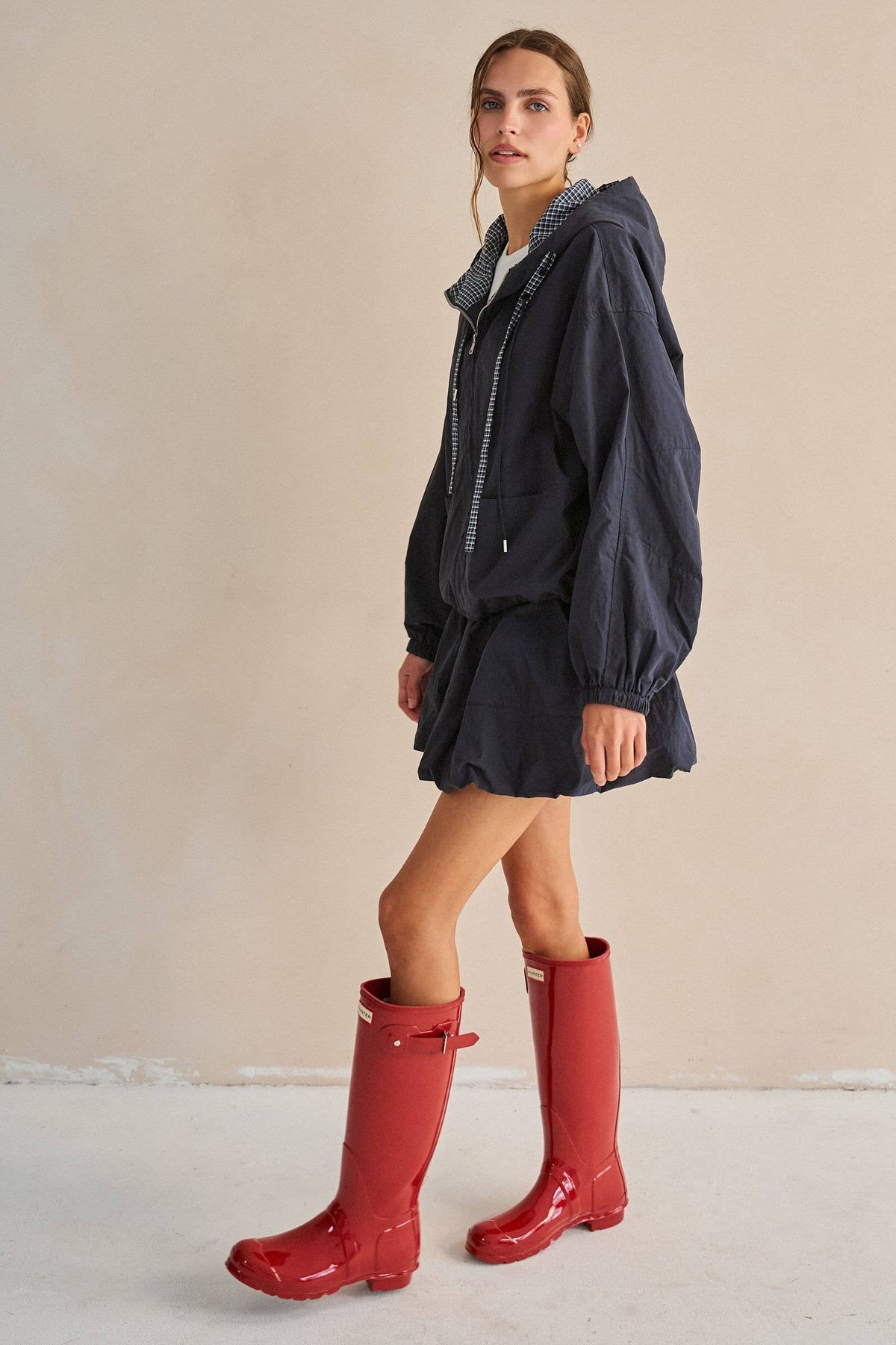 DRAWSTRING GINGHAM HOODED JACKET