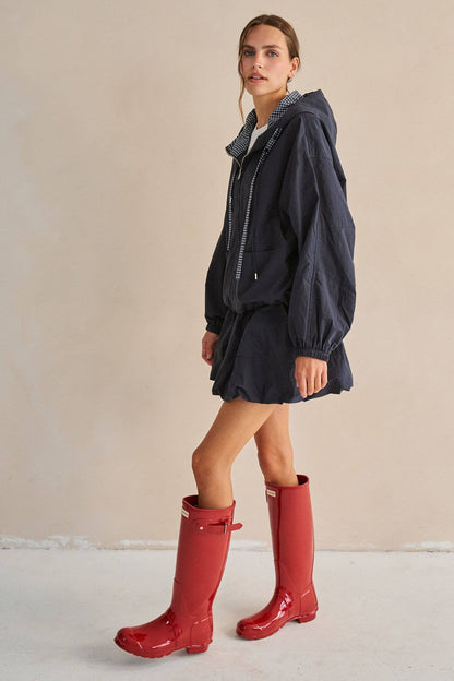 DRAWSTRING GINGHAM HOODED JACKET