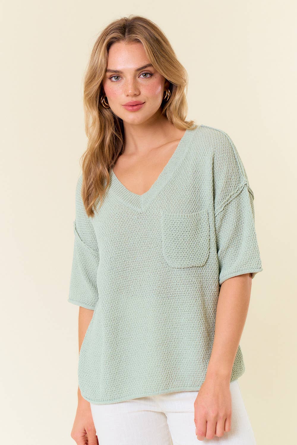 V-Neck Dropped Short Sleeve Exposed Seam Sweater - 44339T