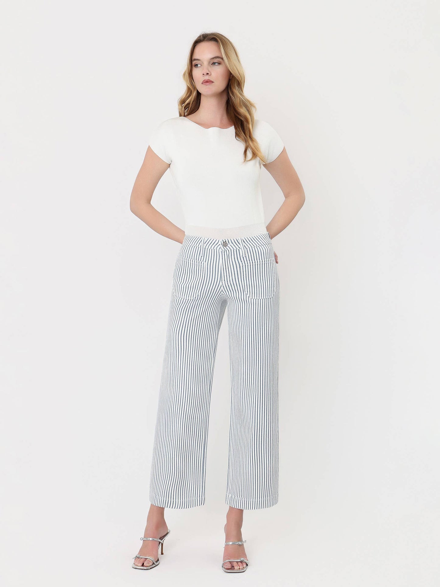 HIGH RISE PATCH POCKET CROP STRIPED WIDE LEG JEANS LV2292STR