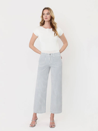 HIGH RISE PATCH POCKET CROP STRIPED WIDE LEG JEANS LV2292STR