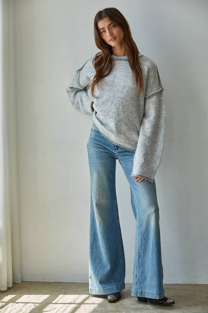 W2141 | Knit Sweater Crew Neck Pullover Top With Rolled Edge