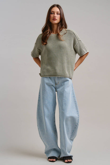 Mineral Wash Exposed Seam Short Sleeve Sweater