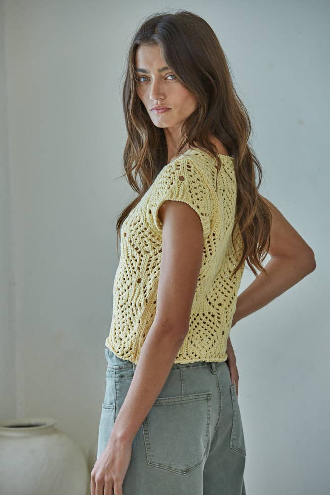 W2030 | Knit Sweater Cotton Crochet V-Neck Cap Sleeve Top