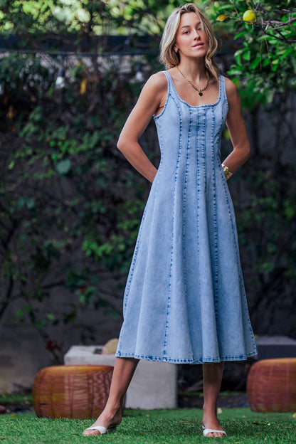 Panelled Denim Midi Dress Exposed Back Zipper