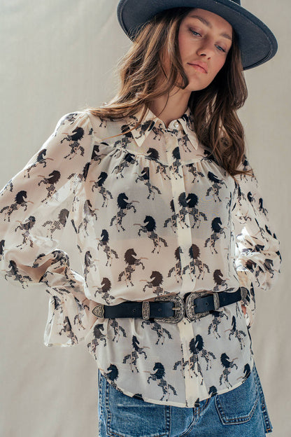 Western Horse Print Button Down Blouse Flared Cuff