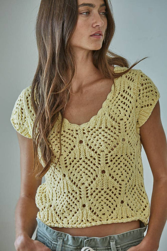 W2030 | Knit Sweater Cotton Crochet V-Neck Cap Sleeve Top
