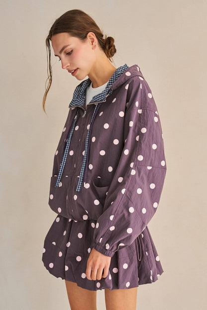 POLKA DOT DRAWSTRING HOODED JACKET