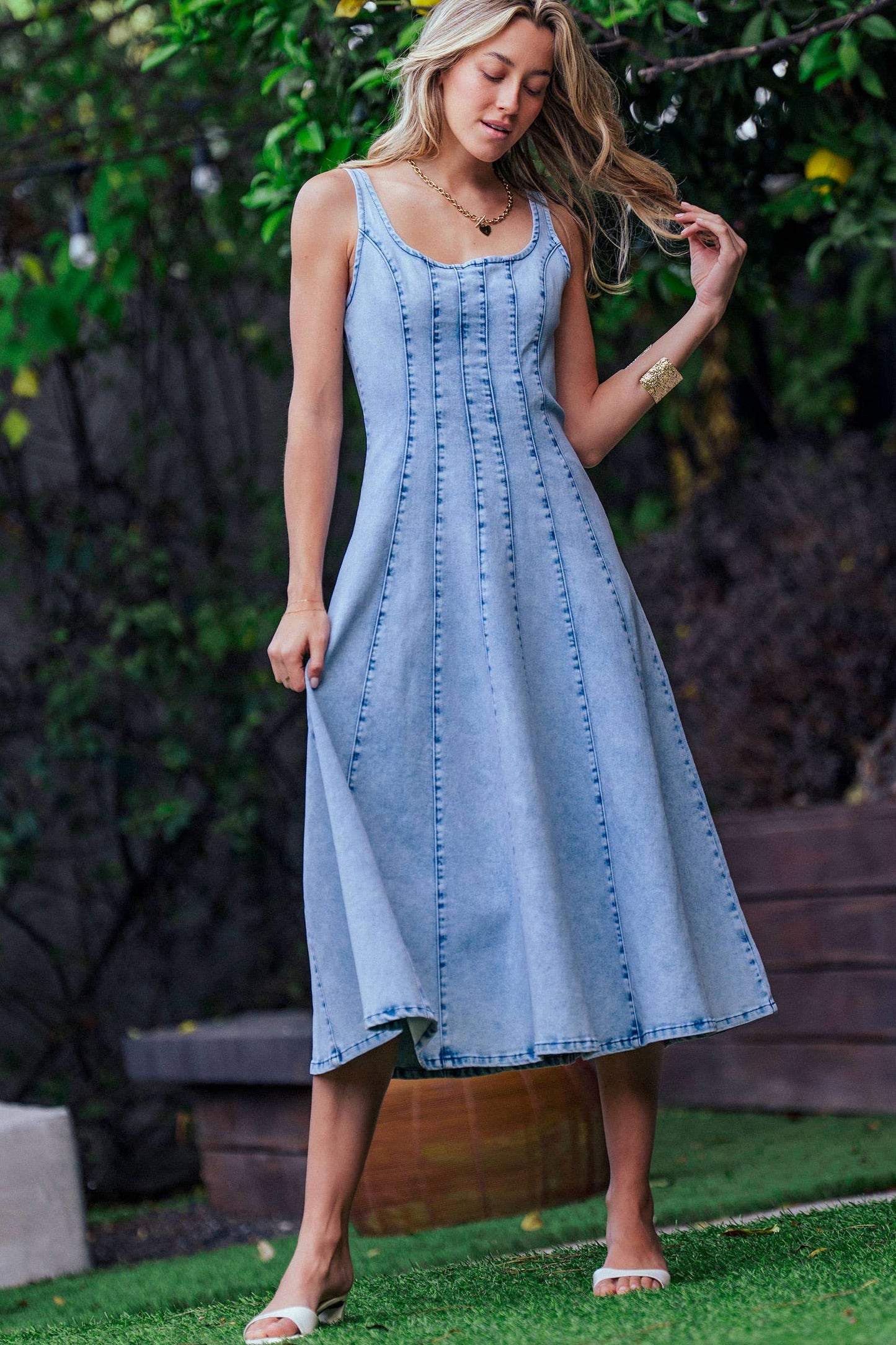 Panelled Denim Midi Dress Exposed Back Zipper