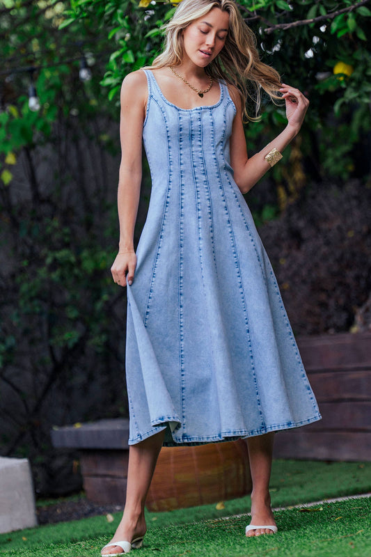 Panelled Denim Midi Dress Exposed Back Zipper