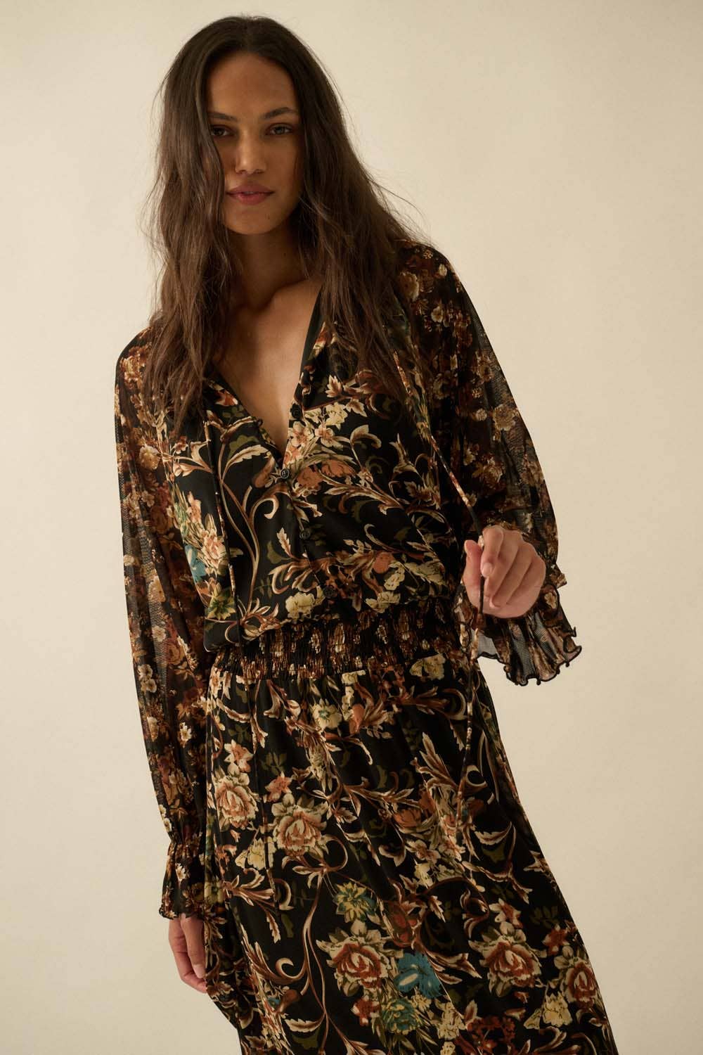 Floral-Print Mesh Button-Up Ruffle Maxi Dress