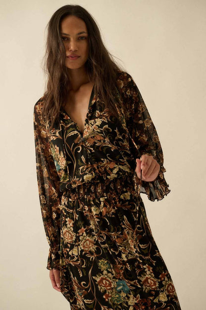 Floral-Print Mesh Button-Up Ruffle Maxi Dress