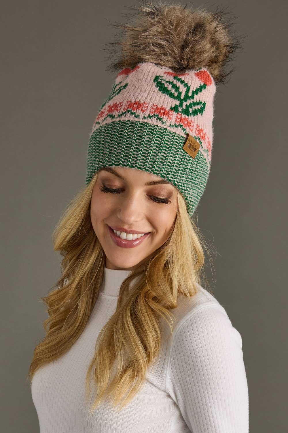 Lt. Pink Cherry Pattern Pom Hat