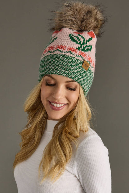 Lt. Pink Cherry Pattern Pom Hat