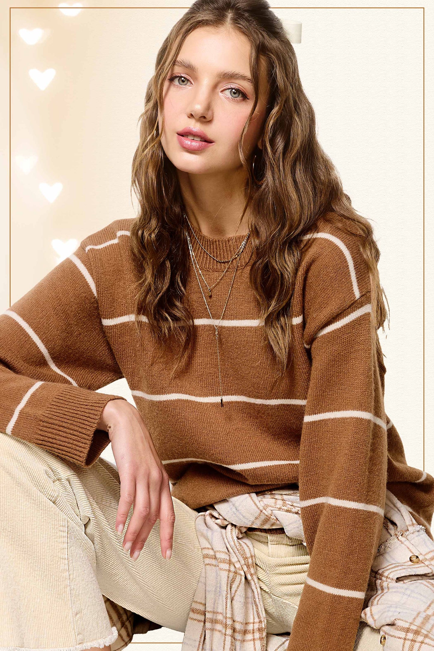 HCS3553-Loose Fit Stripe Long Sleeve Crewneck Sweater