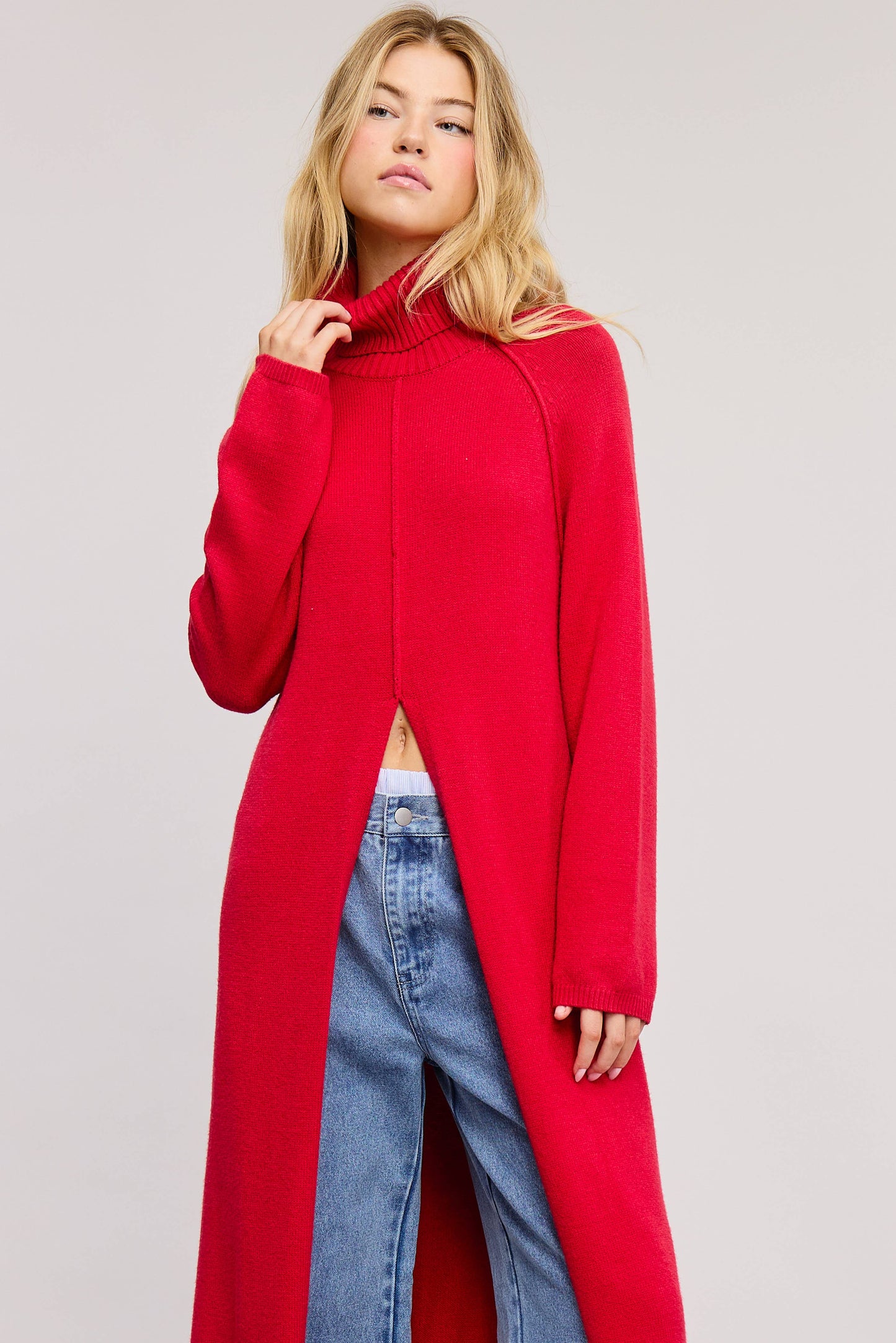SEAM DETAIL TURTLENECK TUNIC SWEATER DRESS WITH SLIT