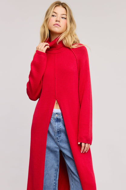 SEAM DETAIL TURTLENECK TUNIC SWEATER DRESS WITH SLIT