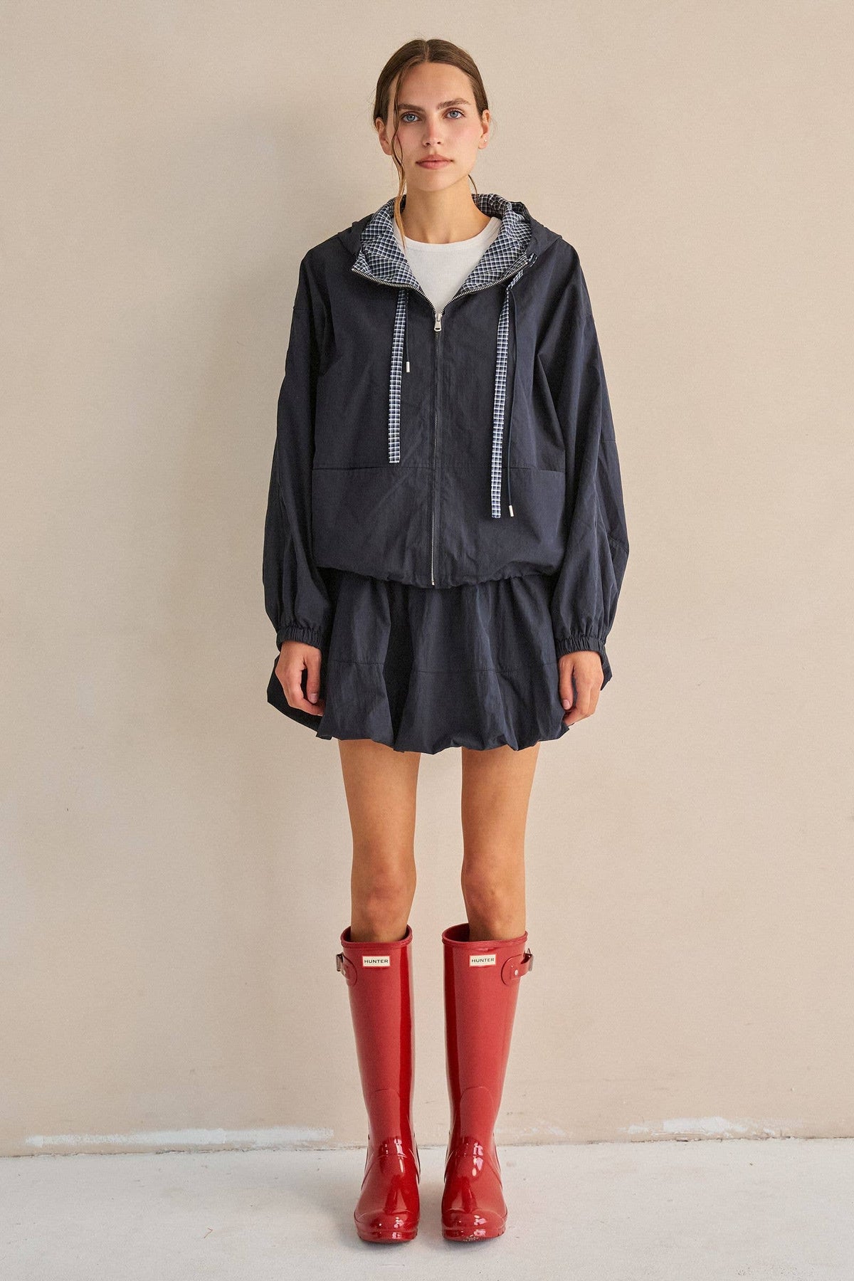 DRAWSTRING GINGHAM HOODED JACKET